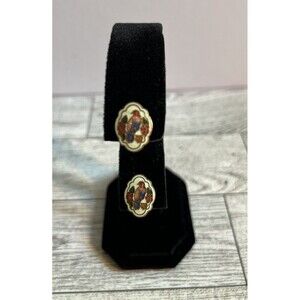 Vintage Enamel cloisonne Bird Stud Earrings Gold Tone White Background